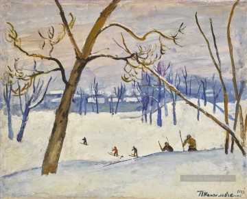 SKIERS Petrovich Konchalovsky paysage de neige Peinture à l'huile